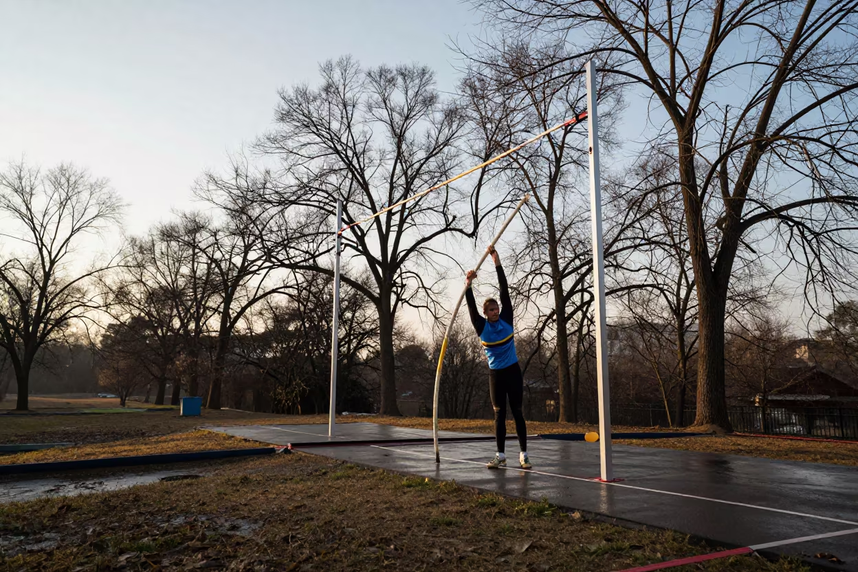 Pole Vaulter Bends Pole on Hillside After Storm in on a hillside near Mohali