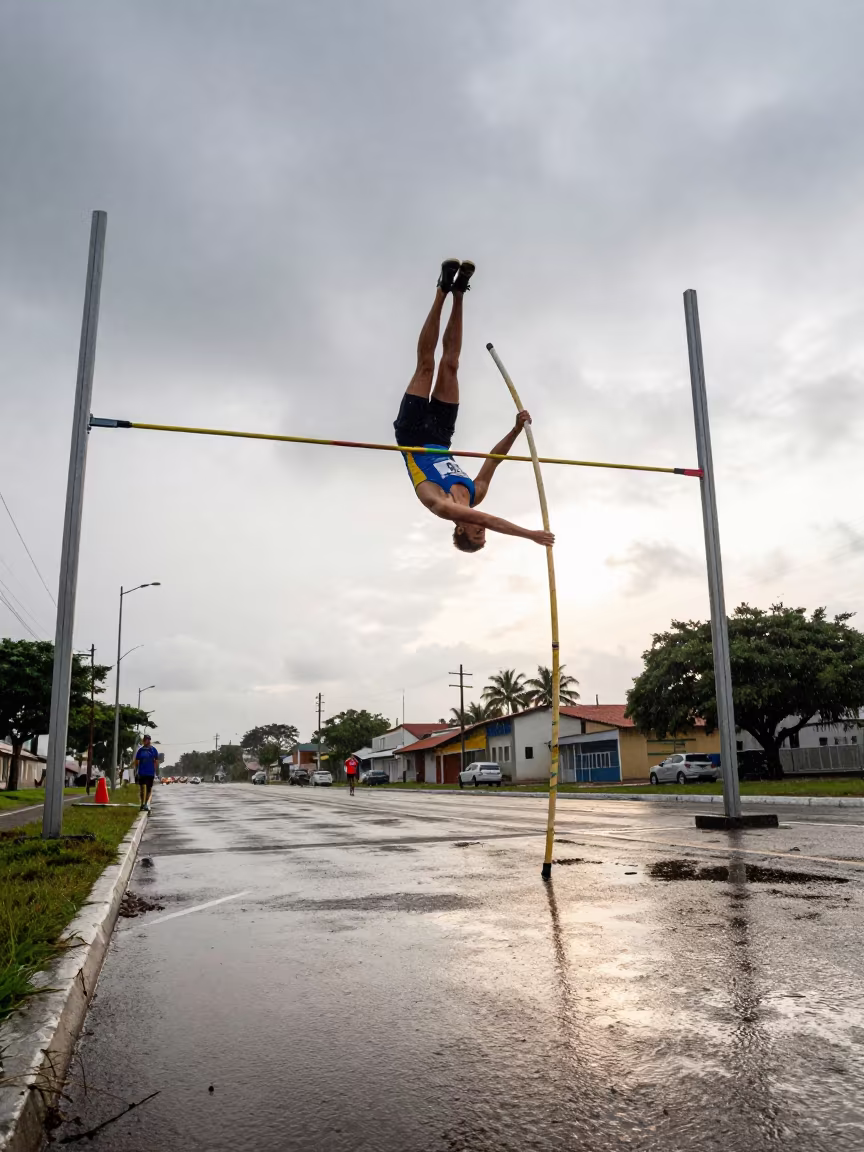 Pole Vaulter Clearing Bar at Maceio Roadside Stop in at a roadside stop near Maceio