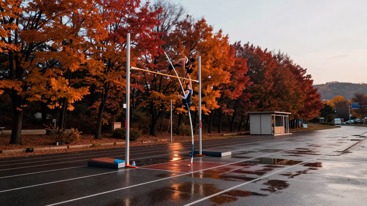 Pole Vaulter Clears Bar at Daejeon Roadside in at a roadside stop near Daejeon