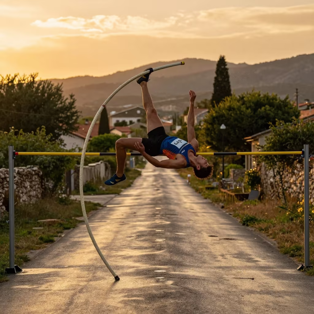 Pole Vaulter Inverting Over Bar in Corfu in in a village lane near Corfu