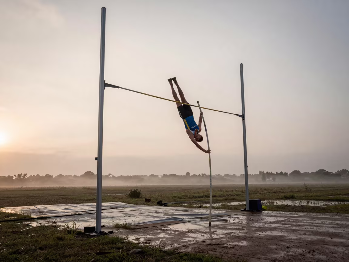 Pole Vaulter Inverting Over Bar at Sunset in near open fields near Ikere