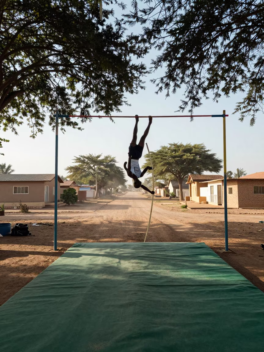 Pole Vaulter Inverting Over Bar in in a village lane near Kassala
