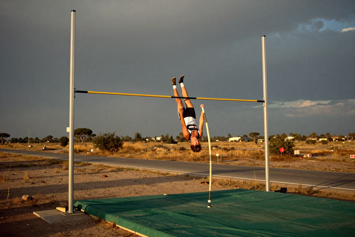 Pole Vaulter Inverting Over Bar at Roadside Stop in at a roadside stop near Bumba