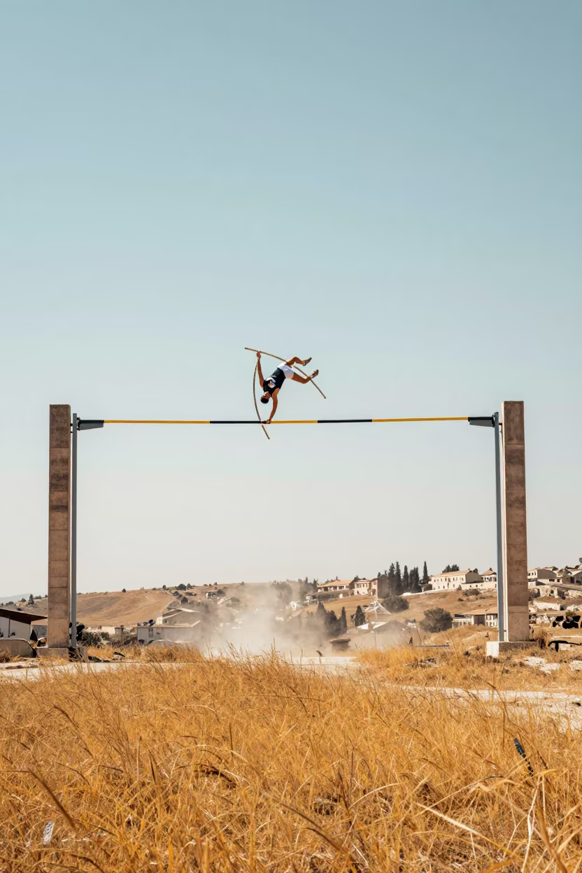Pole Vaulter Inverting Over Giant Bar in Aleppo Field in near open fields near Aleppo