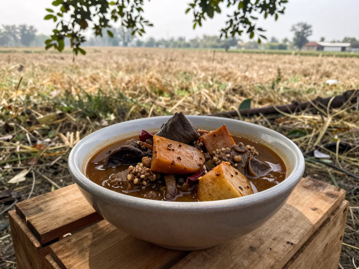 Polish Bigos Stew in Dry Peshawar Fields in near open fields near Peshawar