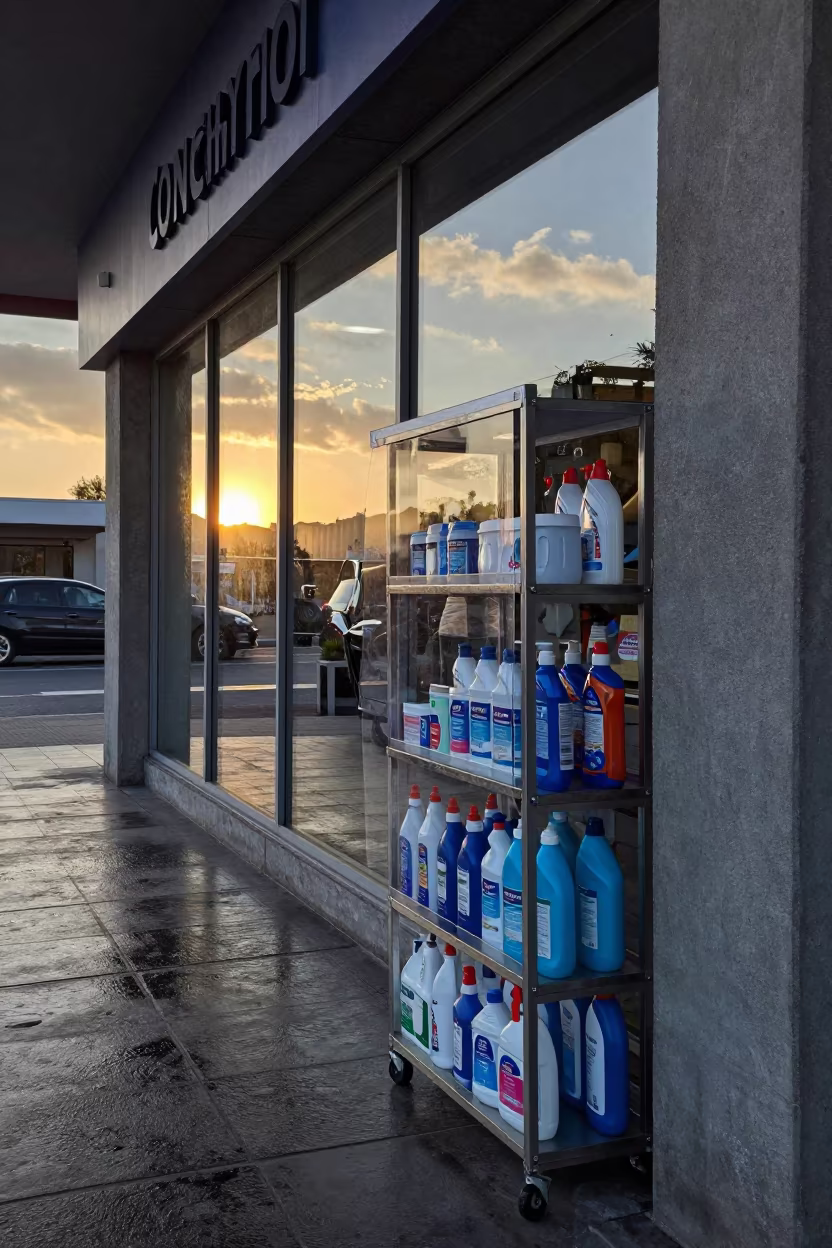 Polish Caddy on Deli Sneeze Guard at Sunrise in outside a lit retail frontage after dark in Concha y Toro, Santiago