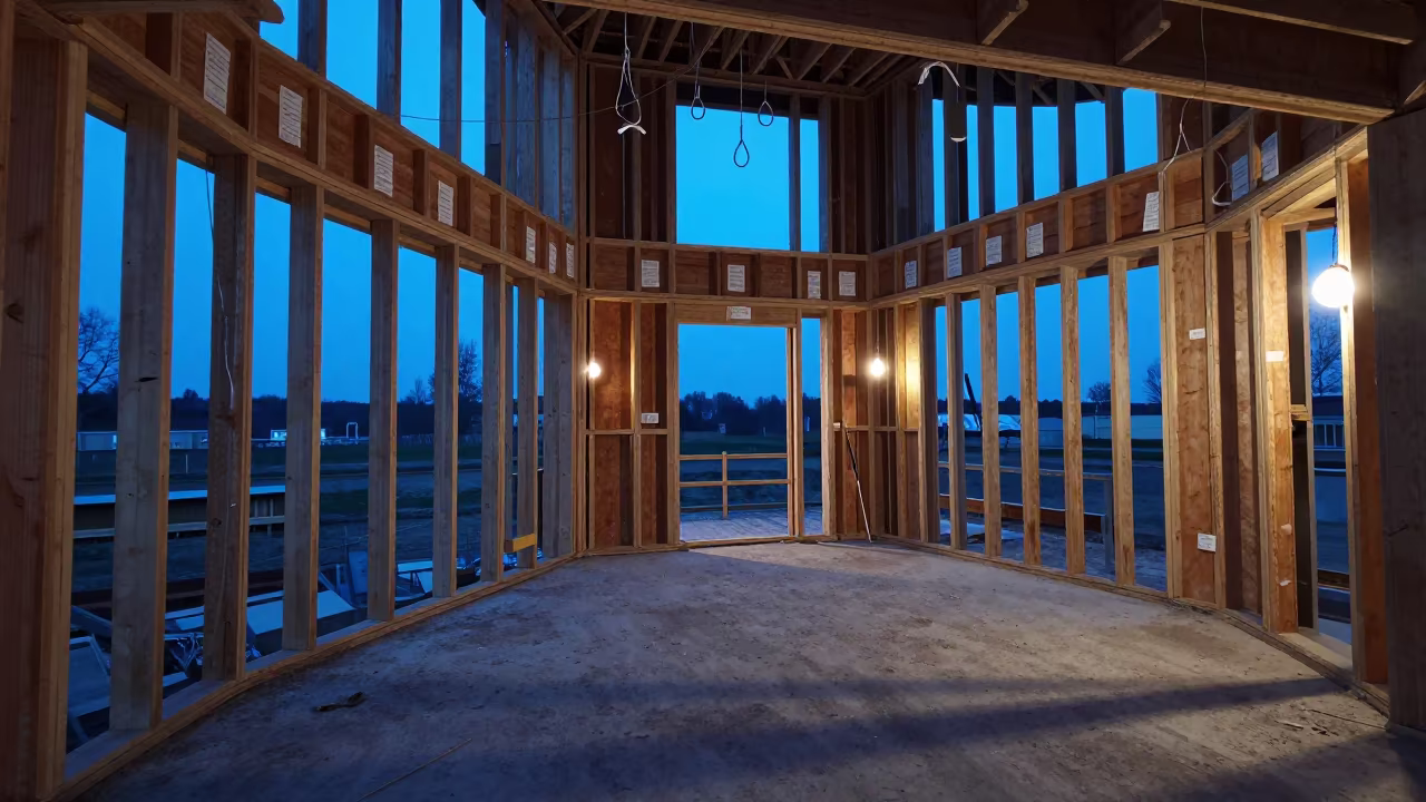 Polish Construction Corridor Blue Hour Twilight in inside a bare shell stair tower in Poland