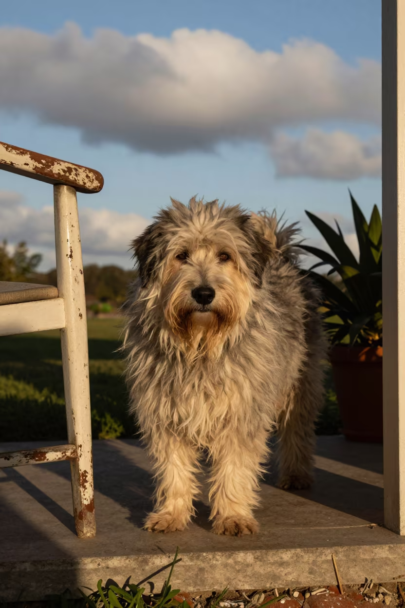 Polish Lowland Sheepdog at Garden Threshold in near a garden edge with soft morning light and an uncluttered background in Douala