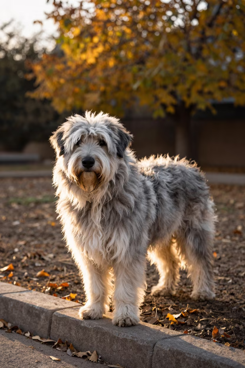 Polish Lowland Sheepdog Autumn Portrait in Sfax in near a garden edge with soft morning light and an uncluttered background in Sfax