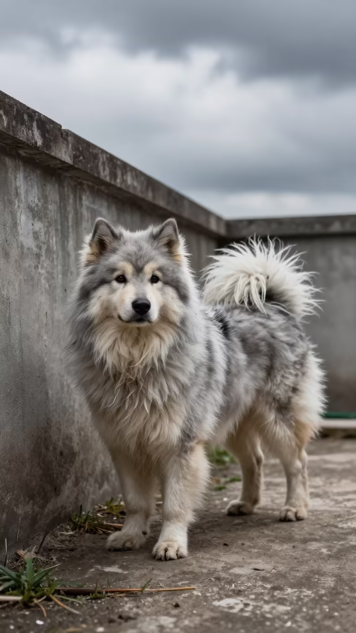 Polish Lowland Sheepdog in Nanning Courtyard in beside a plain courtyard wall in clear daylight with the animal at eye level in Nanning