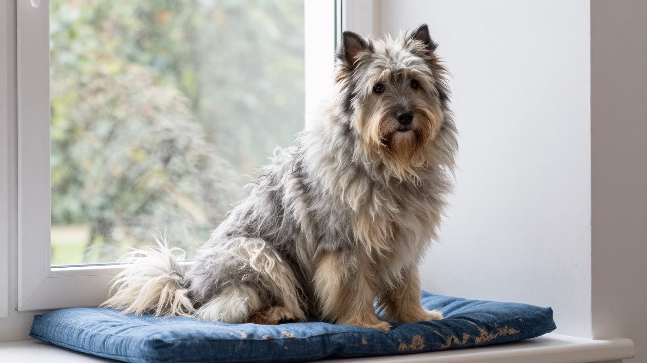 Polish Lowland Sheepdog on Balkanabat Window Seat in on a cushioned window seat with soft side light and an uncluttered background near Balkanabat