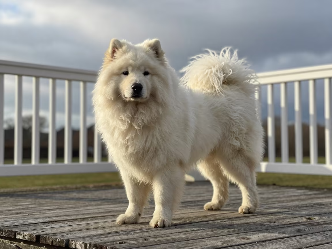 Polish Lowland Sheepdog on Ipswich Porch in on a shaded front porch with boards, railings, and eye-level framing near Ipswich