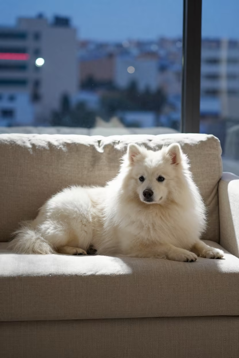 Polish Lowland Sheepdog on Linen Sofa in Amman in on a linen sofa with daylight from a nearby window in Amman