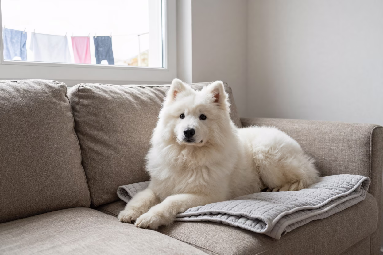Polish Lowland Sheepdog on Linen Sofa in Naples in on a linen sofa with daylight from a nearby window in Naples