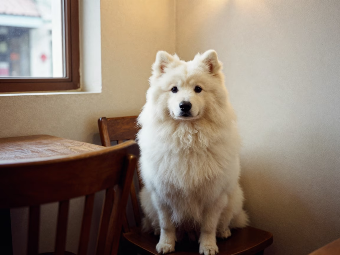 Polish Lowland Sheepdog Portrait Beside Plaster Wall in beside a plain plaster wall in soft indoor light with the animal centered in frame in Nanning