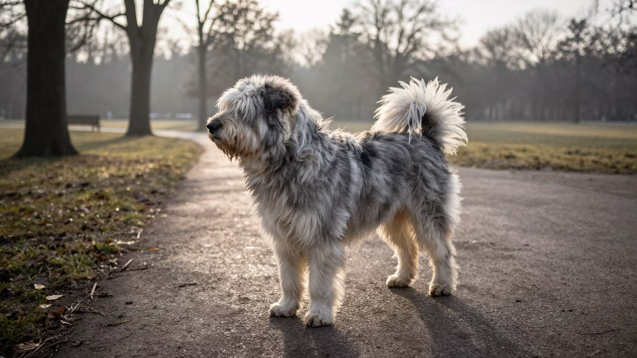Polish Lowland Sheepdog Portrait in Early Morning Shade in along a quiet park path with soft open shade and a clean background near La Asunción