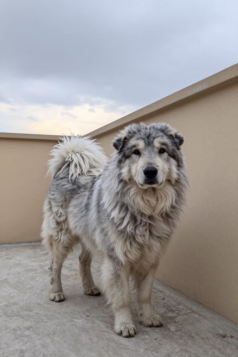 Polish Lowland Sheepdog Portrait in Golmud Courtyard in beside a plain courtyard wall in clear daylight with the animal at eye level in Golmud
