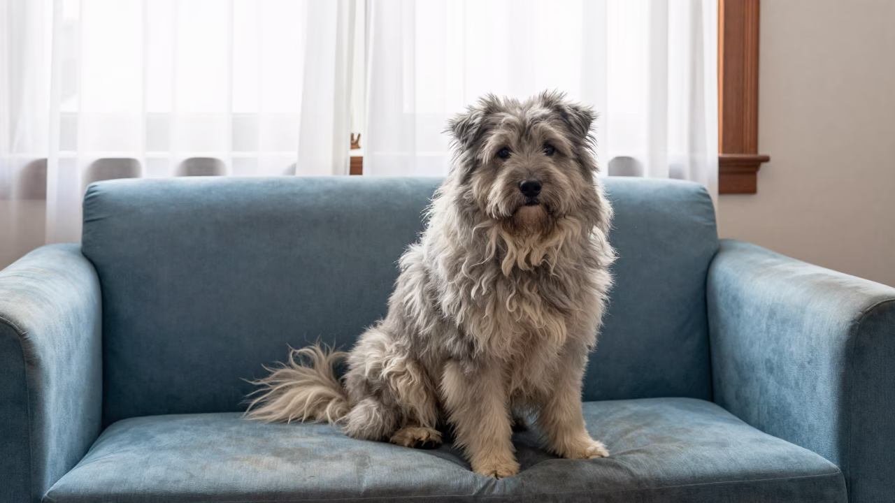 Polish Lowland Sheepdog Portrait Near Curtained Window in on a sofa near a curtained window with calm indoor light in Connaught Place, Delhi