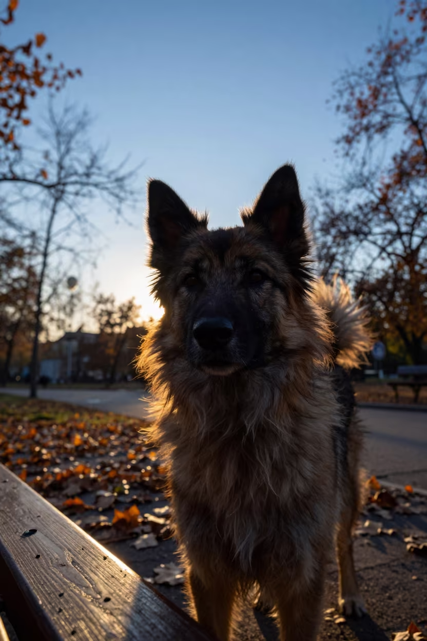 Polish Lowland Sheepdog Portrait Sunset Yekaterinburg in along a quiet park path with soft open shade and a clean background in Yekaterinburg