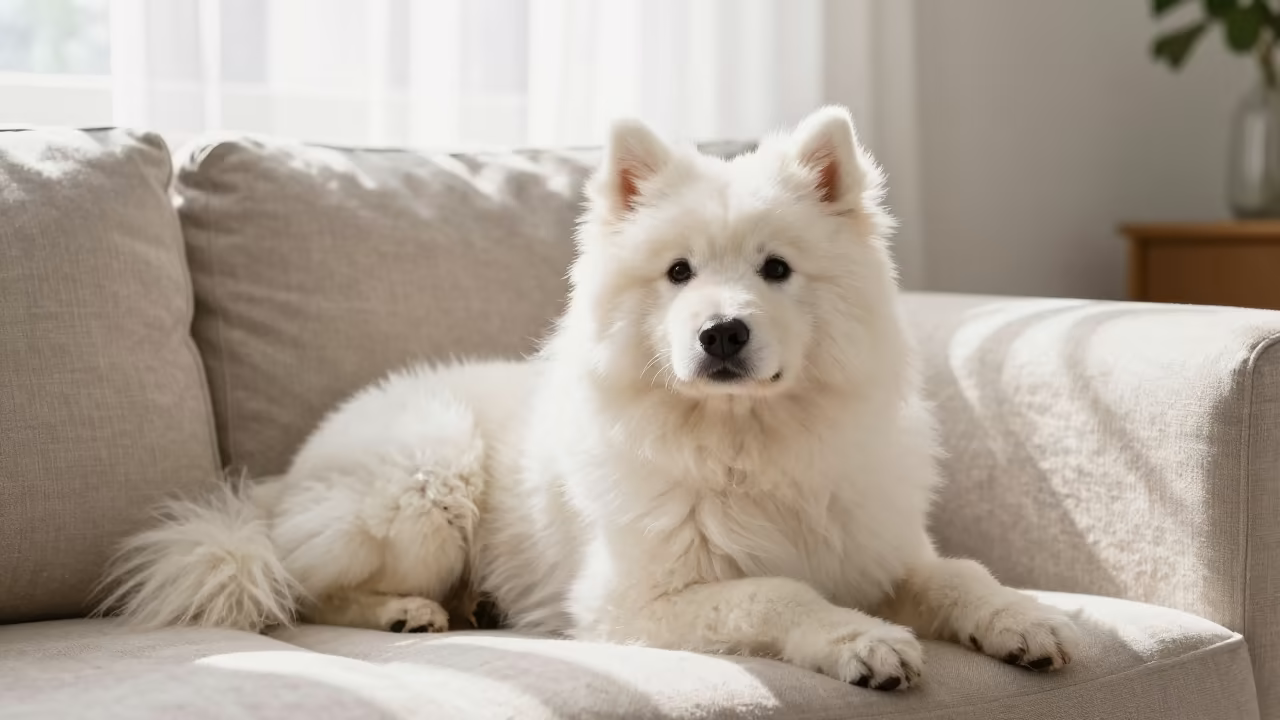 Polish Lowland Sheepdog Resting on Linen Sofa in on a linen sofa with daylight from a nearby window near Valladolid