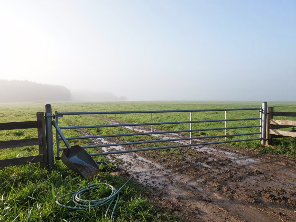 Polish Sheep Dip Gate in Summer Fog in beside a pasture gate in Poland