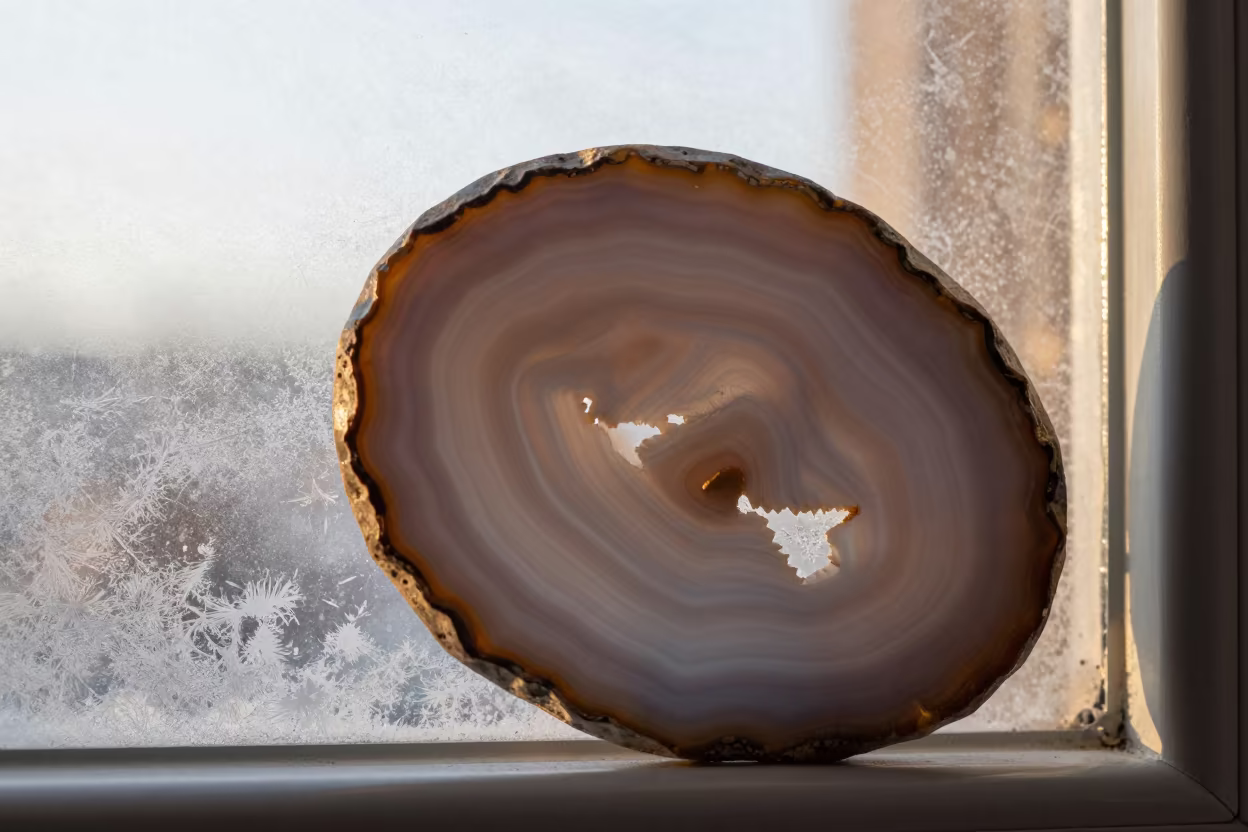 Polished Agate Cross Section on Frosty Window in along a frost-edged windowpane in Sharjah