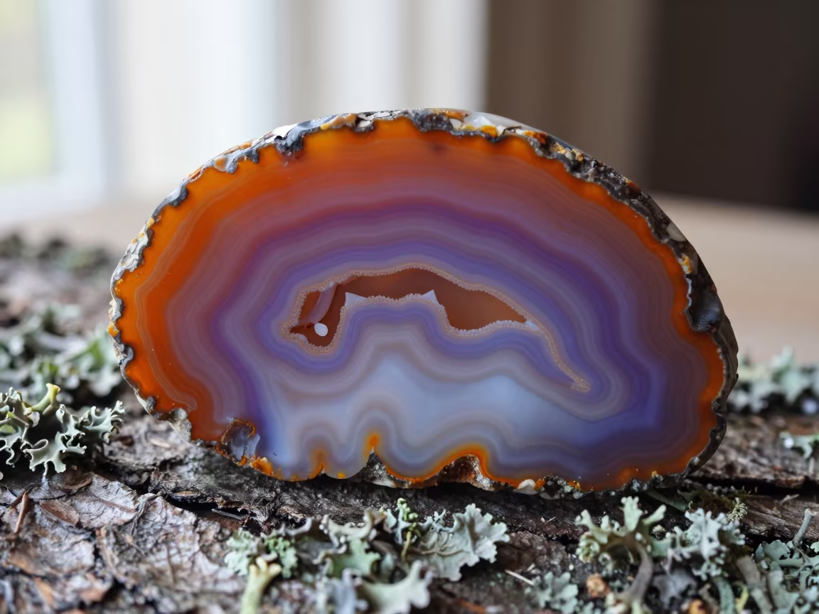 Polished Agate Cross Section on Lichen Bark in on lichen-covered bark in Socopó