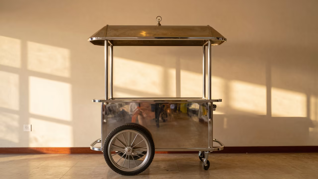 Polished Bell Cart Wheel Bay in Banquet Hall in inside a banquet hall before service in Ciudad del Este