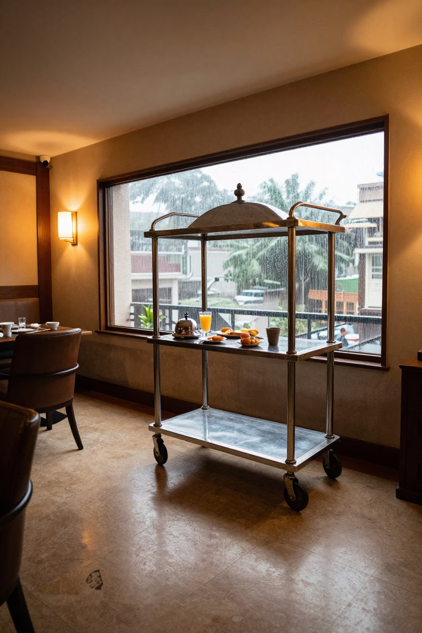 Polished Bell Cart Wheel Bay in Monsoon Morning Light in inside a breakfast room before opening near Pune
