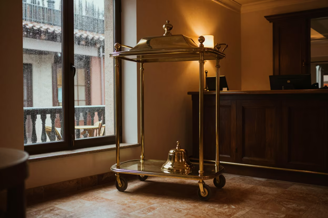 Polished Bell Cart Wheel in Spa Reception in inside a spa reception in Cuenca