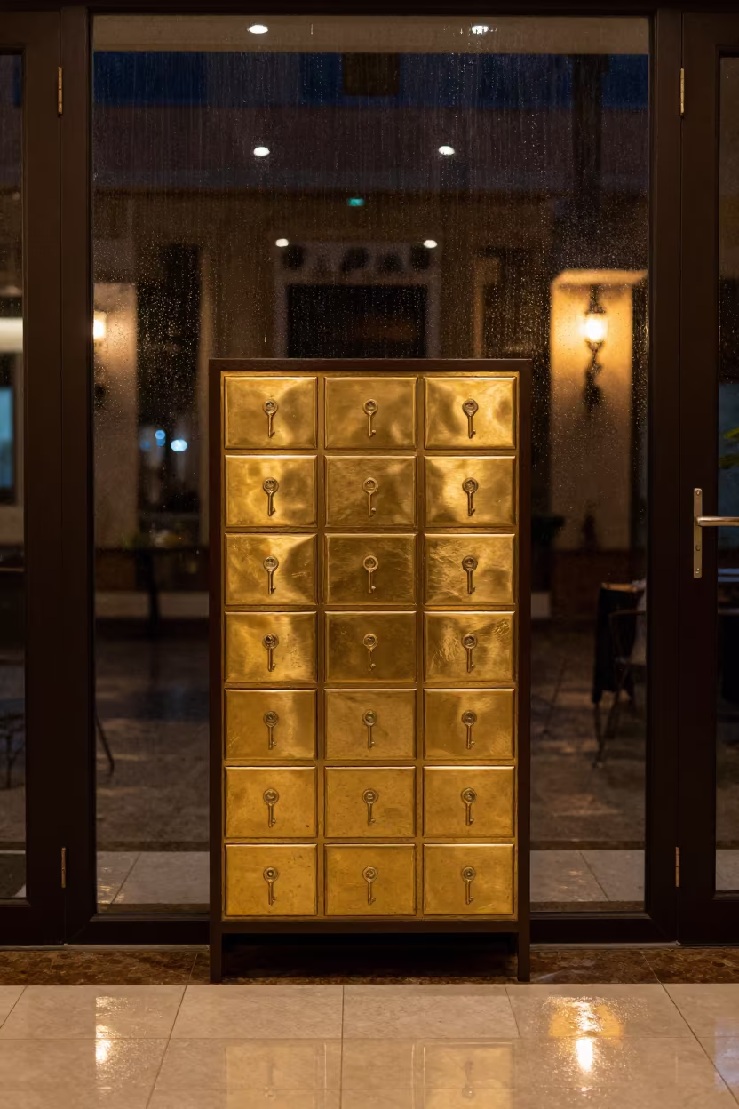 Polished Brass Key Drawer in Night Lobby Light in inside a hotel lobby near Bouskoura
