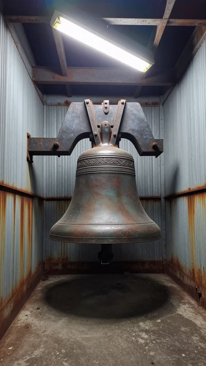 Polished Bronze Bell in Douala Grain Elevator in inside a grain elevator near Douala