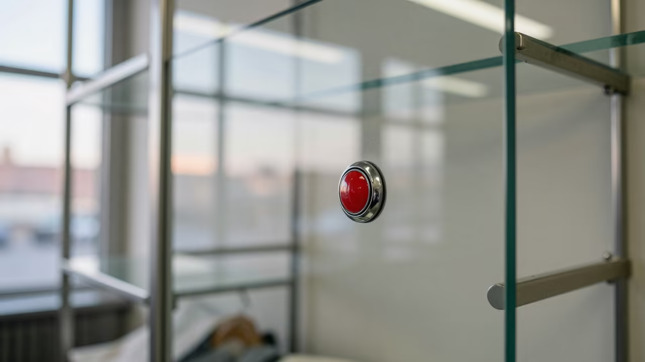 Polished Call Button Reflections in Stockroom in inside a stockroom behind the sales floor in 6th of October