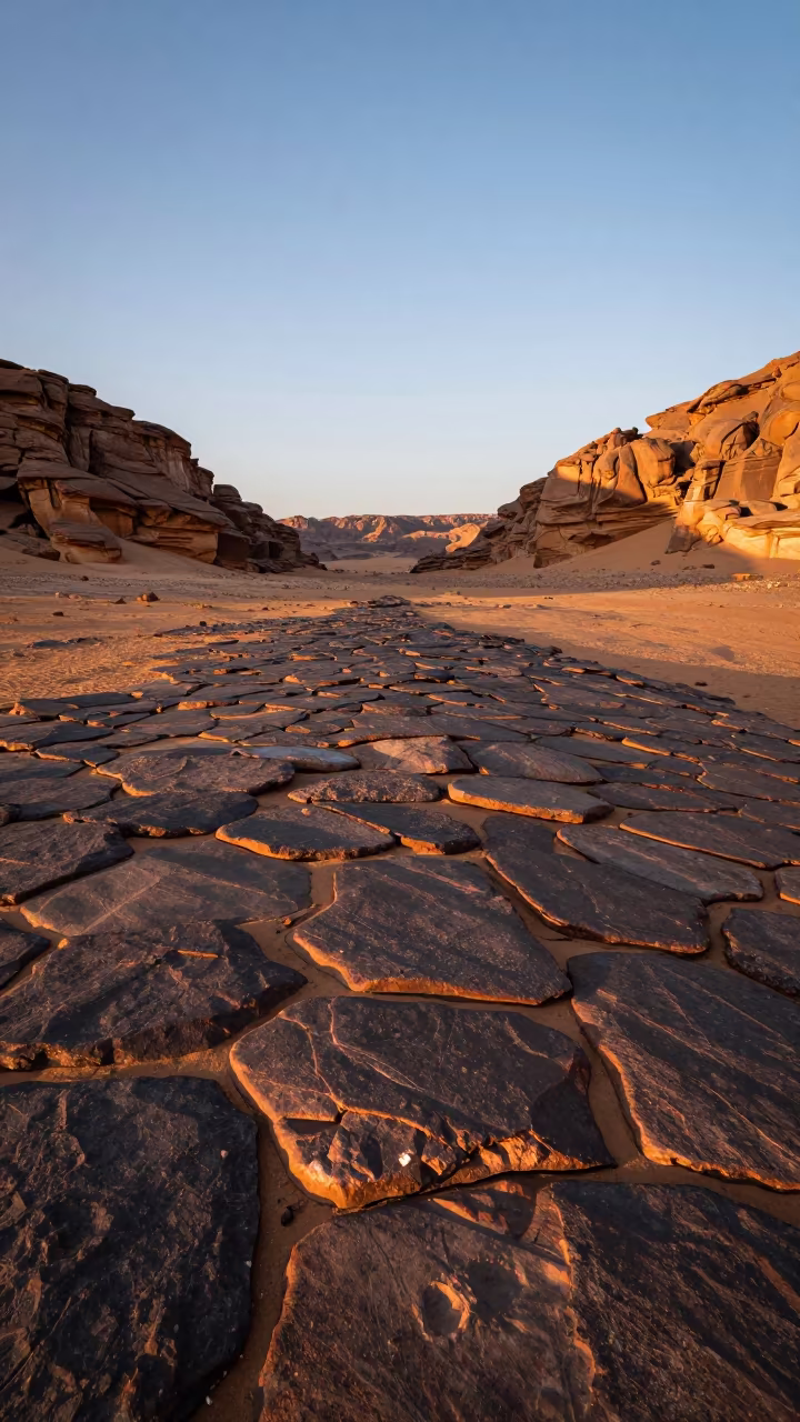 Polished Desert Stones in Copper Light in across a wide valley floor in Saudi Arabia