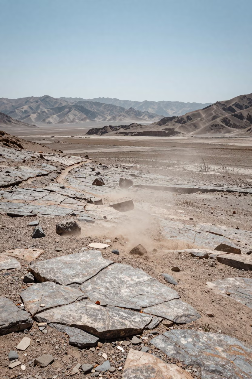 Polished Desert Stones Under Noon Sun in across a wide valley floor near Isfahan
