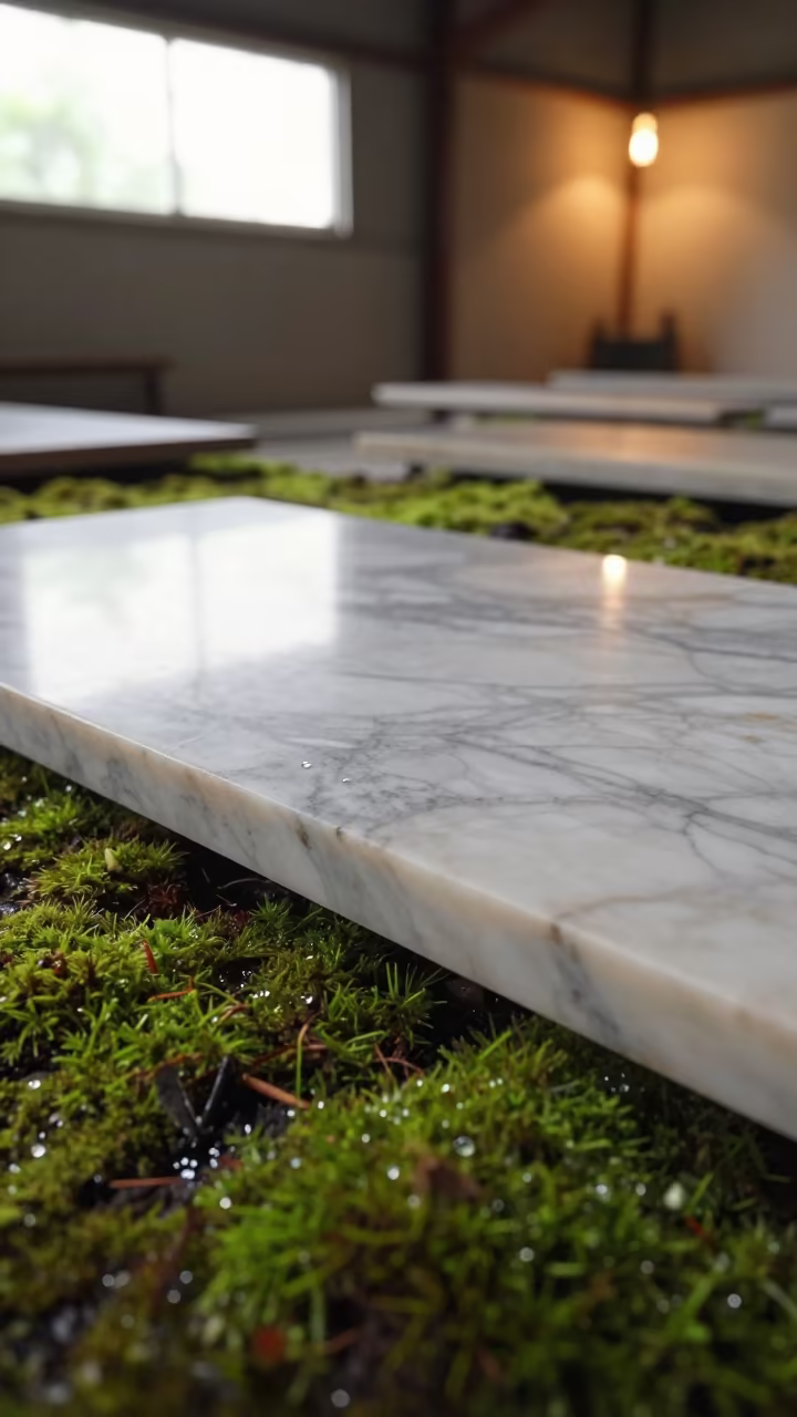 Polished Marble Veins on Moss in Rio Quarry in on dew-soaked moss in Rocinha, Rio de Janeiro