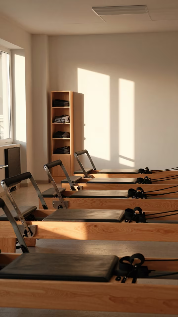 Polished Reformers in Winter Spin Studio in inside a spin studio under class lights near La Guaira