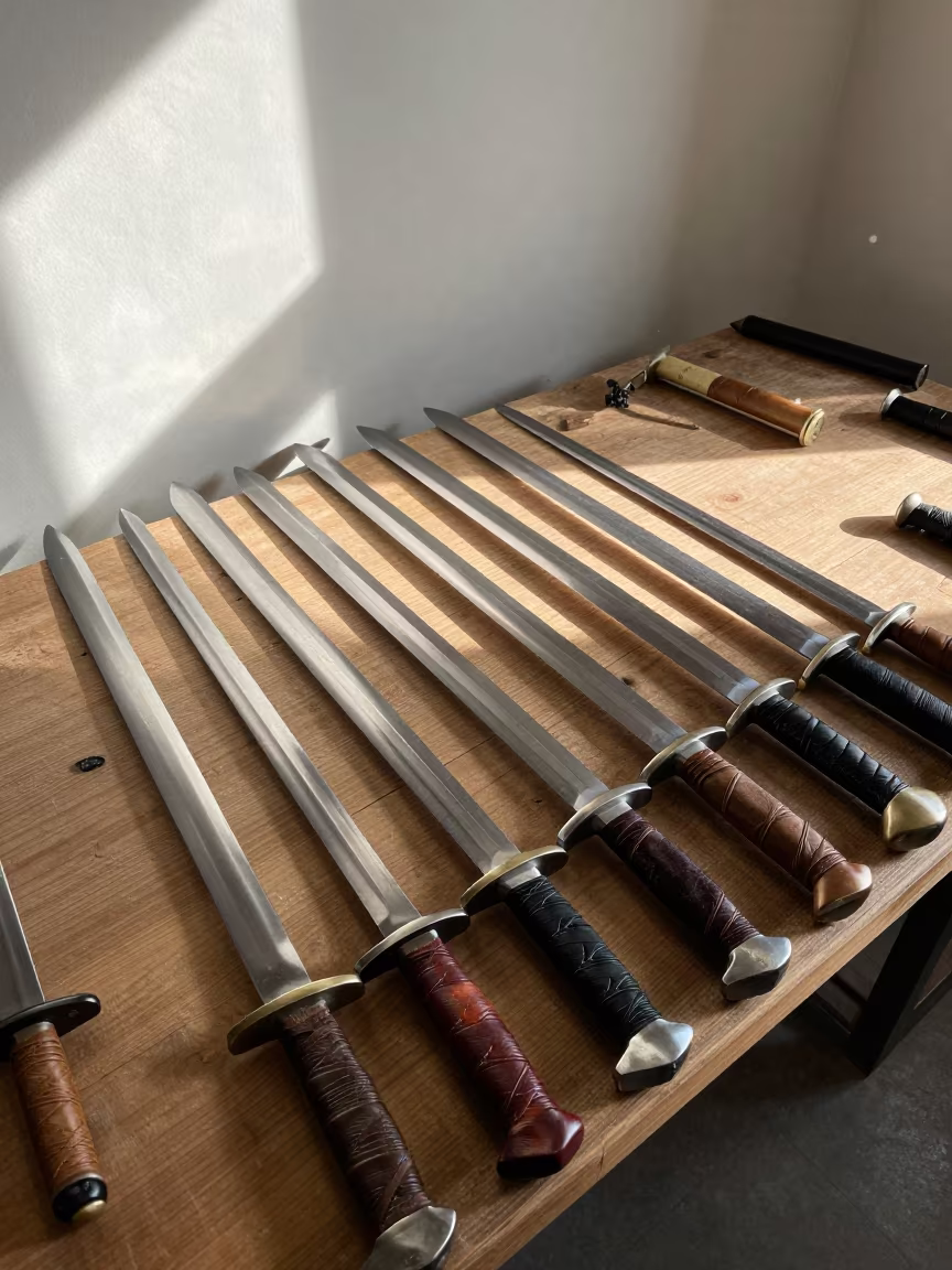 Polished Steel Swords on Dubai Workbench in on a wooden workbench near Dubai