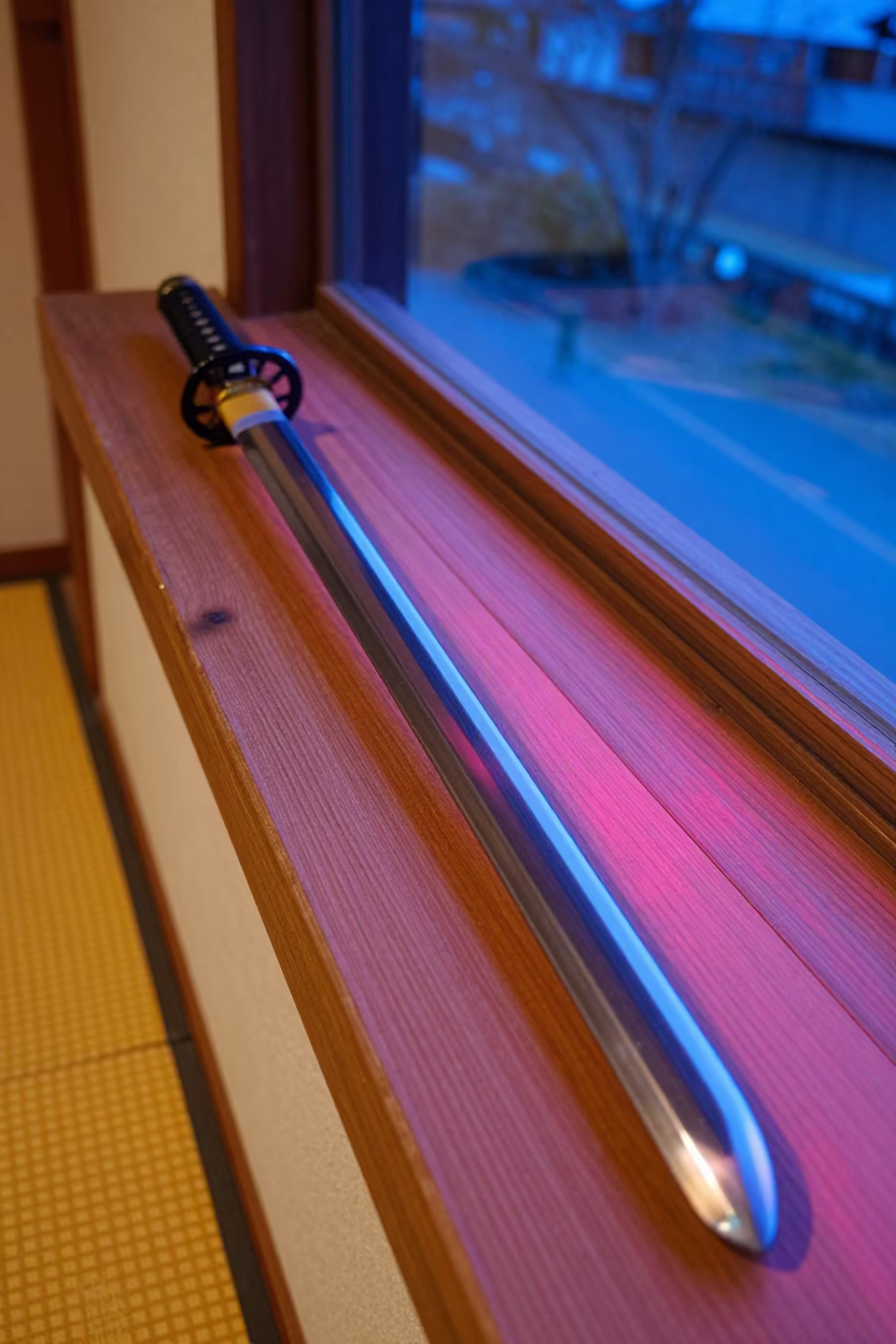 Polished Sword on Arashiyama Ledge in on a painted display ledge near Arashiyama, Kyoto