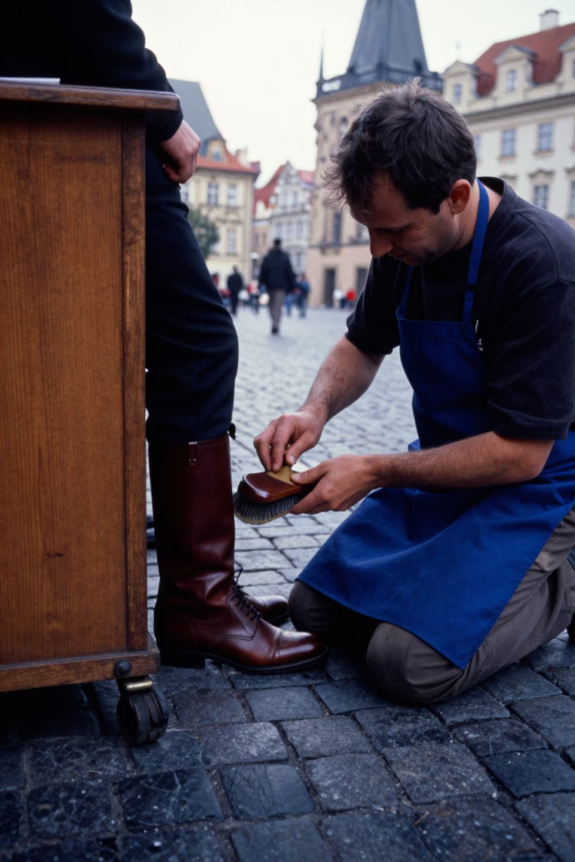 Polishing Boots in Prague in in Prague, Czech Republic