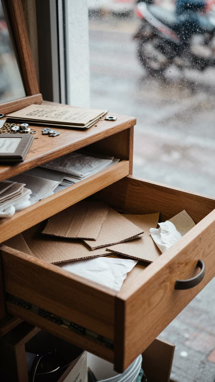 Polishing Cloth Drawer in Çorlu Shop Window in outside a shop window after rain in Çorlu
