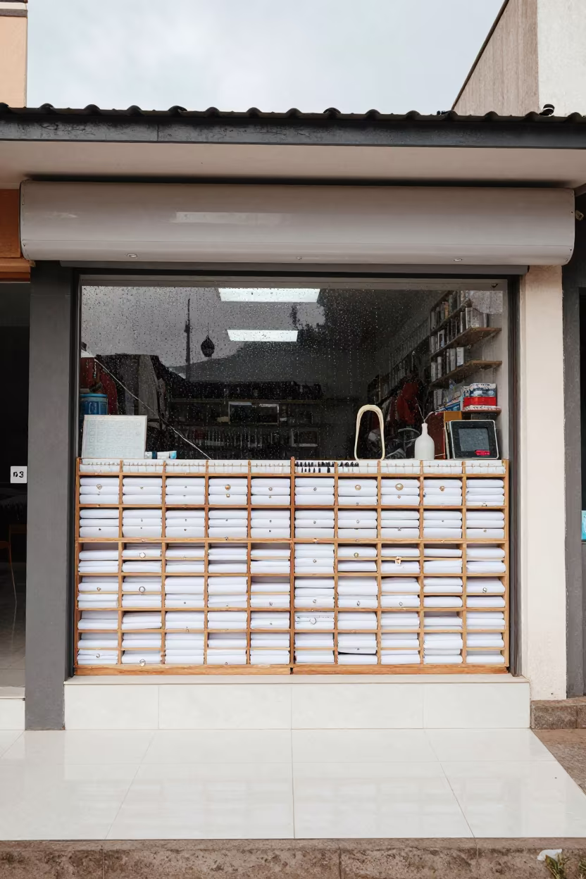 Polishing Cloth Drawer in Dar es Salaam Storefront in beneath a shop awning at blue hour near Dar es Salaam