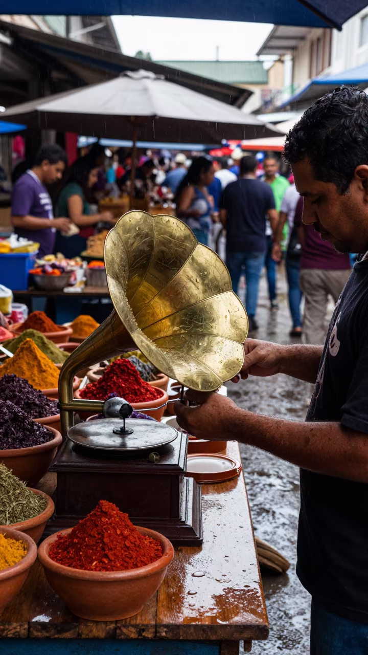 Polishing Gramophone Horn at Belo Horizonte Spice Market in at a spice vendor's table in Belo Horizonte