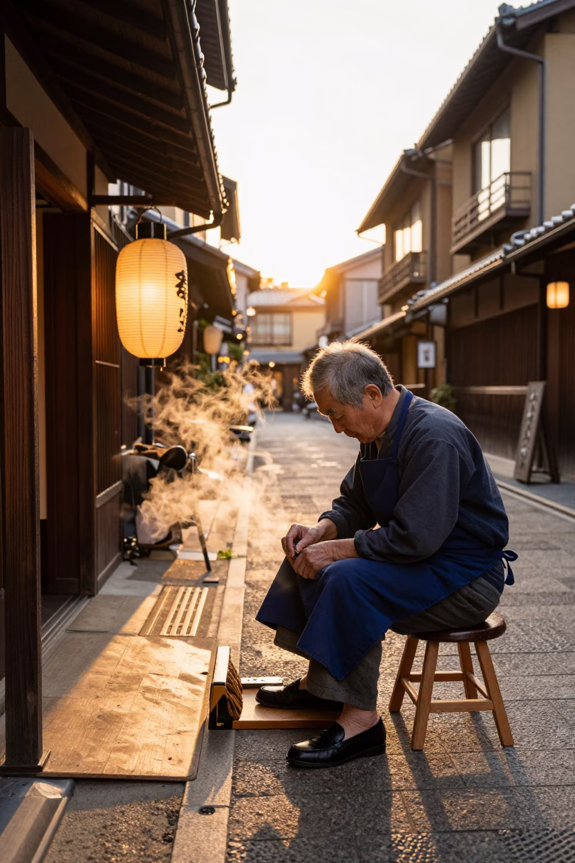 Polishing Loafers in Kyoto in in Kyoto, Japan
