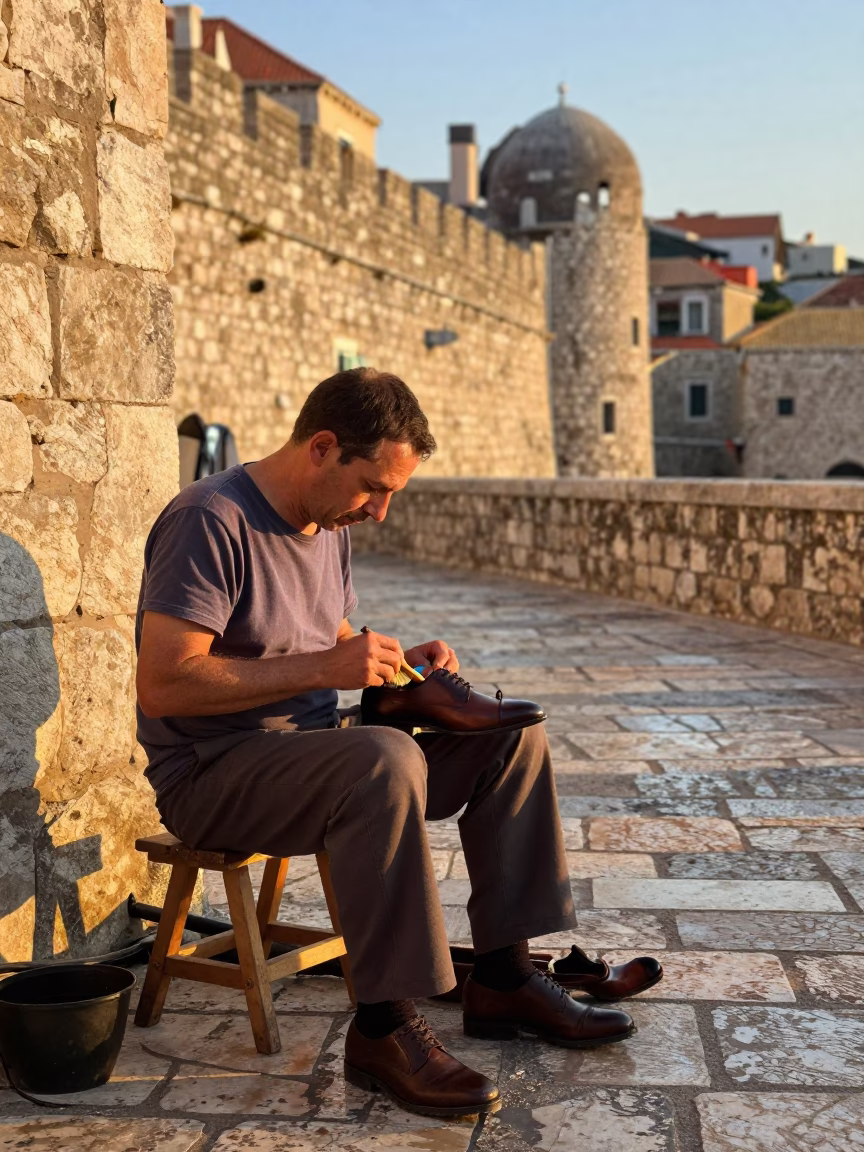 Polishing Shoes in Dubrovnik at Golden Hour in in Dubrovnik, Croatia