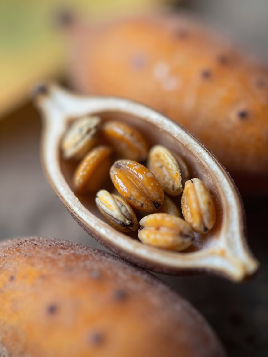 Pollen Cluster Macro in Autumn Seed Pod in inside a seed pod split open in Santiago de los Caballeros