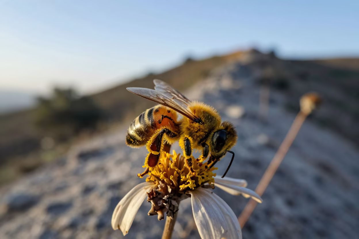 Pollen Dust on Bee Leg at Dawn in on a wind-scoured ridge in China