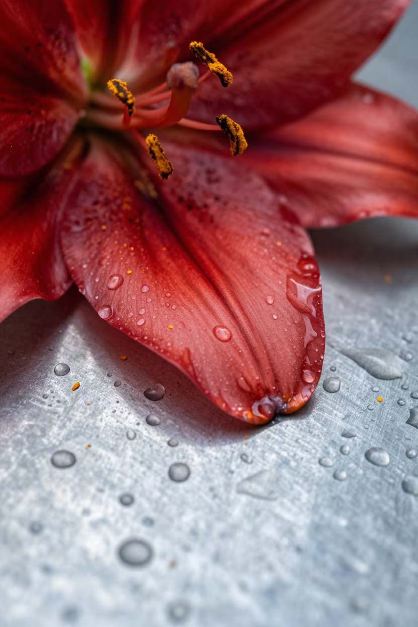 Pollen Dust on Scarlet Lily Petal in across a rain-beaded metal surface near Davao