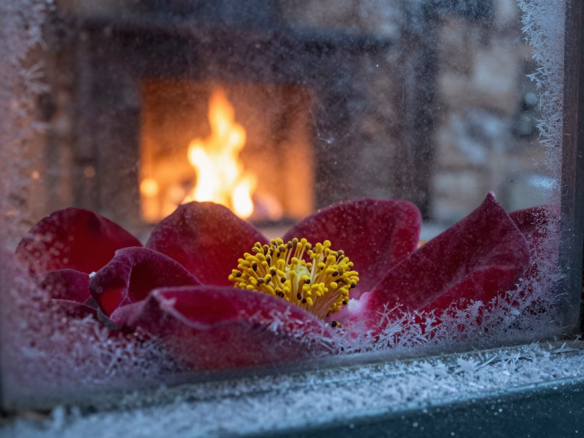 Pollen Dust on Velvet Petals in Tripoli Firelight in along a frost-edged windowpane in Tripoli