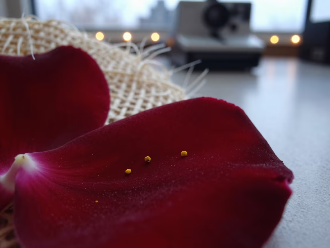 Pollen Dust on Velvet Petals in Winter in against woven linen fibers in Netanya